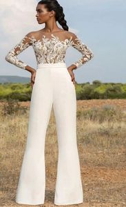 2023 Hochzeit Jumpsuit Kleid U-Boot-Ausschnitt mit Illusionsapplikationen Spitze Braut Party Kleider Hosenanzug Illusion Cap Sleeves Vestidos De Novia