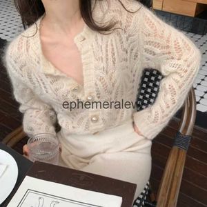 Kvinnors tröjor 2023 Autumn Hollow Out Sweater White Openwork Sexig Sticked Cardigan Spring French Mohair Coat Kvinnlig kostym Kvinnor 16179ephemeralew