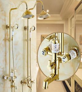 Solid Brass Body Ceramic And Crystal Gold Shower Set European Faucet 8 Inch Head Polished Adjust Lifting Arm Bathroom Sets5827509