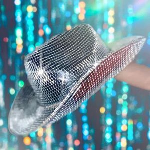 Bola Caps Disco Cowboy Hat com jóias de vidro espelhado Malha Accent Sun Cowgirl Chapéus Piscando Blinky Party 231201