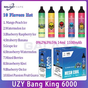 Autentisk Uzy Bang King 6000 Puff Disposable Vape 14 ml Förfylld POD 1100mAh Uppladdningsbara batteriförningar 6 Kit 0%2%3%5%Nivå 10 smaker