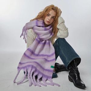 Scarves Contrast Purple Striped Scarf For Women Winter Plus Velvet Shawl Thickened Warm Tassel Blanket Thermal Soft Light Long Wraps