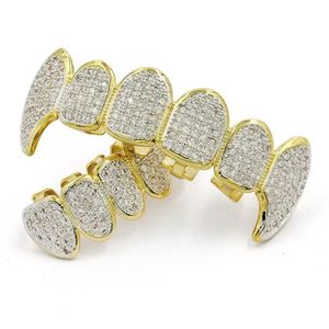 Hiphop grillz lyxig bländande zirkon micro pave tandgrillar mode män kvinnor 18k guld pläterad tänder stag 2-stycke set hela323r