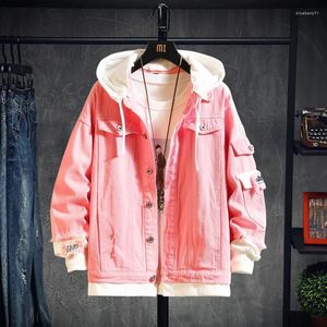 Herrjackor rosa svartgröna jeansjacka män smala streetwear rippade denim hoodie hip hop bombare homme höst