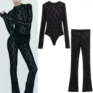 Frauen Hosen Schwarz Sexy Schlitz Spitze Leggings Frauen Mode Hohe Elastische Taille Semi-Sheer Seite Am Saum Lange Weibliche anzüge