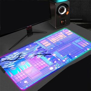 Myse podkładki nadgarstka spoczywa RGB Anime Pad Księżyc Mat Mat 900x400 Maty biurka LED Laptop Kawaii Mousepad XXL Estetyczny Podświetlenie dywanowe 231130