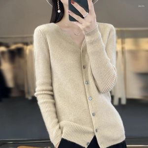 Suéteres femininos outono e inverno 100 puro cashmere cardigan gola v cor sólida lingote agulha baggy casaco suéter lã malha top