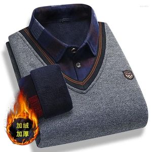 Camisolas masculinas outono inverno lã grossa para homens xadrez camisa-pescoço pullovers qualidade quente velo masculino camisola casual negócios