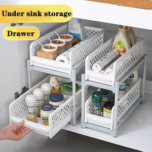 Pot Lid Holders 2-Tier Under Sink Organizer Kitchen Drawer Badrum Förvaringsställen Multi-Use Slide-Out med handtag under handfat Skåparrangörer 231201