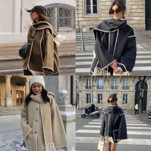 Women's Wool Blends Women Splice Cashmere Coat with Scf Chic Long Sleeve Solid Quilted Thick Jacket Loose 2023 Autumn Winter coat