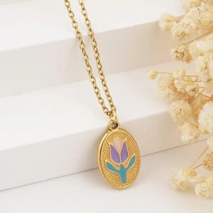 Pingente colares simplicidade doce cor tulipa gotejamento óleo de aço inoxidável retro colar 18k chapeamento de ouro jóias presentes de festa