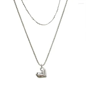 Ciondoli Collana a catena a doppio strato in argento sterling S925 Collare d'amore semplice 3D multiangolo da donna con senso avanzato