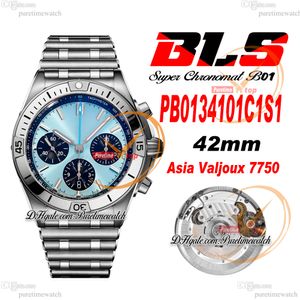 BLS Chronomat B01 ETA A7750 Automatic Chronograph Mens Watch 42 ICE Blue Dial Stainless Steel Rouleaux Bracele PB0134101C1S1 Super Edition Reloj Hombre Puretime D4