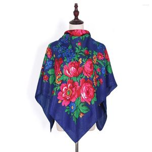 Scarves 110 110cm Russian Floral Square Scarf Women Luxury Flower Printed Bandana Shawl Ethnic Gold Silver Thread Babushka Head Wraps