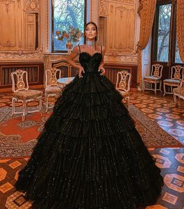 Luxury Black Prom Pageant Dress 2024 Sweetheart Spaghetti Strap A-Line Tiered Ruffles Evening Formal Birthday Bowns Robe de Soiree