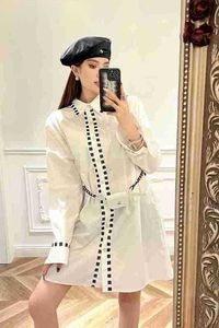 Runway Dresses Designer Quality Summer New Classic C-letter Beaded Belt Wrap Long Sleeve Shirt Dress Top for Women 23DT