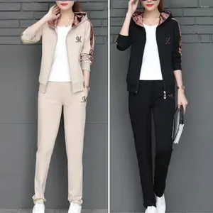 Women's Two Piece Pants Fall Coat Top Set Stylish 3-piece Winter Suit Hooded Embroidery Round Neck Loose For Warmth