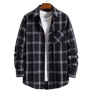 Men's Casual Shirts Plaid Blouses Long Sleeve Tops Slim Single Breasted Turn-Down Collar Shirt All-match Camisas De Hombre