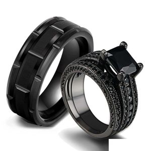 Charm Rings Couple Romantic Women Black Rhinestones Zirconia Set Simple Mens Stainless Steel Ring Party Jewelry Drop Delivery Earrings Dhltx