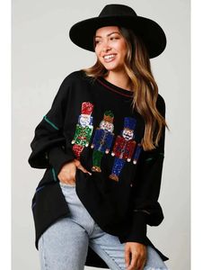 女性のセーターズ女性のクリスマスピンクのくるみ割り人形スウェットシャツプルオーバー2024年摩耗スパンコール汎用性のあるトップスウェットシャツセーター女性231130