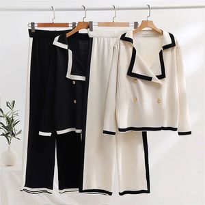 Womens Two Piece Pants Elegant Set Fashionable Knitted Collar Double Chest Cardigan and Wide Leg Pants Twopiece Autumn 231201