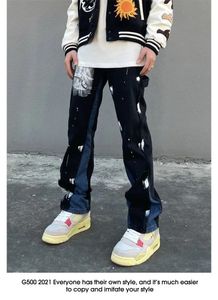 Men s jeans design sense splash bläck graffiti jeans high street vibe byxor män s sömmar rakt löst svart amerikansk lång 231201