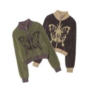Maillard Mohair Stand Collar Sweater Cardigan Fall Winter Butterfly Embroidery Zipper Hottie Sweater