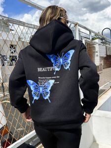 Kvinnor Hoodies Sweatshirts Blue Butterfly Art Letter Slogan Design Women Hoodie Autumn Pocket Hoody Fashion Streetwear Hip Hop Bekväm pullovers 231201