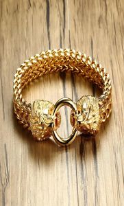 Antikes Doppel-Löwenkopf-Fischgräten-Kettenarmband für Männer, Edelstahl, goldfarben, Hip-Hop-Punk-Männerschmuck, 225 cm, T1907022089958