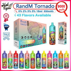 Original RandM Tornado 9000 Puff E-cigarros 18ml Pré-preenchidos Pod Puffs 9k Caneta Vape Descartável 0% 2% 3% 5% Nível 850mAh Bateria Recarregável 43 Sabores Vapers Disponíveis