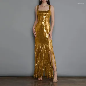 Casual Dresses Luxury Summer Women's Sexy Halter Sleeveless Gold Slim-Fit Bag Hip A-Line Long Fringe Dress