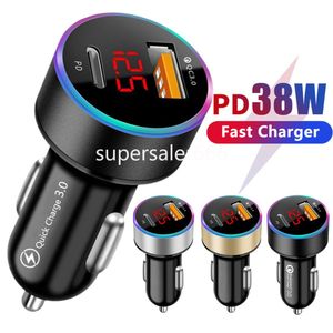 38W Dual Ports PD USB C Car Charger Snabb laddningstyp C Auto Power Adapter Chargers för iPhone 12 13 14 15 Samsung Xiaomi Tablet PC Android S1