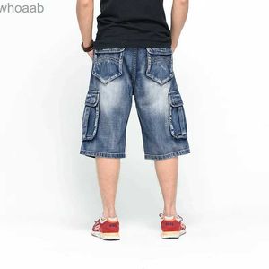 Pantaloni da uomo Uomo Taglie forti Larghi Jeans larghi Denim Jeans da uomo Moda Streetwear Hip Hop Lunghi 3/4 Capri Pantaloncini cargo Tasca Bermuda Blu YQ231201