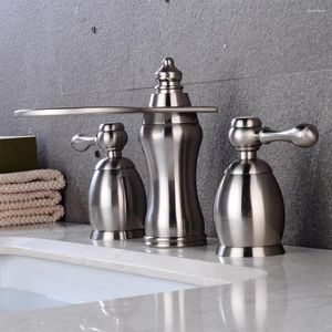 Bathroom Sink Faucets Wovier Vintage Racket-Shaped Water Spout Waterfall Basin Faucet Brushed Nickel Mixer Deck Mounted Tap Set