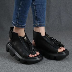 Sandali Birkuir con plateau scavato per donna Scarpe aperte da spiaggia estive in vera pelle con punta aperta Scarpe con frange Tacchi spessi da donna