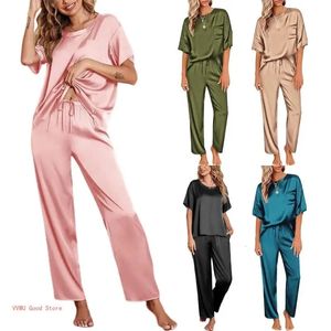 Kvinnors sömnkläder Silk Pyjamas Women's Short Sleeve Sleepwear Soft Satins Shirt Top och Long Pants Set 2 Piece PJ Loungewear S-XXL Gifts 231130