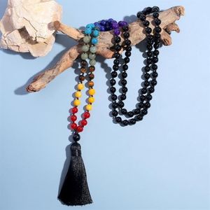 Colares Pingente Showboho 108 Mala Beads 7 Chakra Colar 8mm Preto Onyx Atado Meditação Yoga Oração Rosário para Homens e Mulheres2796