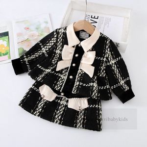 2024 Spring Children Plaid Wełniane Ubrania Girls Lapel Bows Single Bered Long Rleeve Płaszcz spódnice 2PCS Lady Style Kids Princess Outfits Z5698