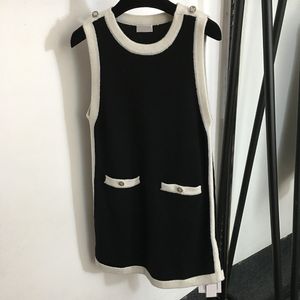 Moda vestido sem mangas das mulheres saias de malha na moda tripulação pescoço vestidos de lã personalidade botão ornamento vestido feminino roupas