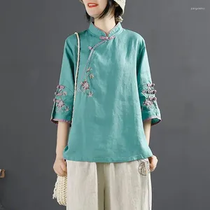 Ethnische Kleidung 5 Farben Chinesischen Stil Retro Baumwolle Leinen Hemden Frauen Elegante Stickerei Qipao Button Tops Zen T-shirt Bluse