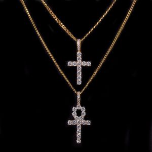 Iced Zircon Ankh Cross Halsband smycken Set Gold Silver Copper Material Bling CZ Key to Life Egypt Pendants Necklace269s