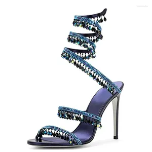 Sandals Brand Women's Serpentine Winding Tape Crystal High Heel Ankle Snake-shaped Lace-ups Sexy Rhinestone Woman's Shoes 34-43