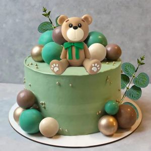 Ferramentas de bolo Verde Pescoço Nó Bebê Urso Bolo Topper Feliz Selva Tema Fontes de Festa de Aniversário Urso Marrom Bola de Metal Decorações de Bolo Crianças Favor 231130