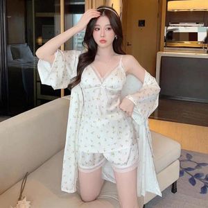 Women's Sleepwear Three Piece Pajamas Suit Women Lace Strap&shorts&bathrobe Pijamas Lingerie Summer Female Rayon Pyjamas Home Clothes