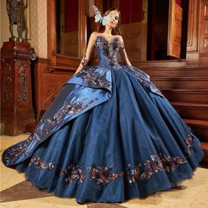 Coral Blue Scoop Quinceanera Dresses Appliques Long Sleeves 3D Flowers Sweet Birthday Princess Party Gowns De 15 Anos Ball Gown Vestidos YD 328 328