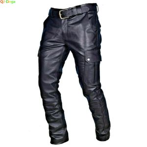 Men's Pants Men's Leather Motorcycle Pants with Cargo Pockets Black PU Pants No Belt Men Trousers Big Size S-5XL 231130