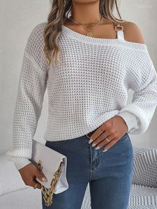 Damenpullover 2023 Herbst/Winter Casual Slant Neck Solid Metal Buckle Splice Off Shoulder Lantern Sleeve Sleeves Long Sweater