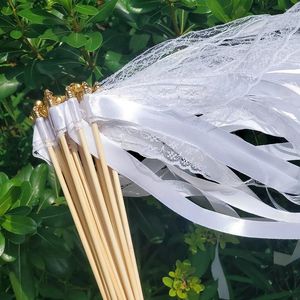 Party Decoration White Ribbon Wands Fairy Sticks Wedding Twirling Lace Streamers With Golden Silver Bell Cheering Prop Favor For