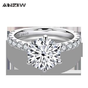 Anziw 925 prata esterlina 4ct anel de corte redondo para mulher 6 pontas simulado diamante noivado anel de banda de casamento jóias274j