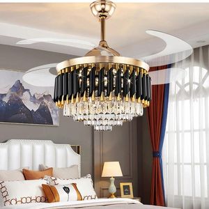 Modern LED Luxury Gold Contemporary Folding Crystal Takfläktar med ljus Fjärrkontroll Ventilador Teto Techo Home Fan Lamp
